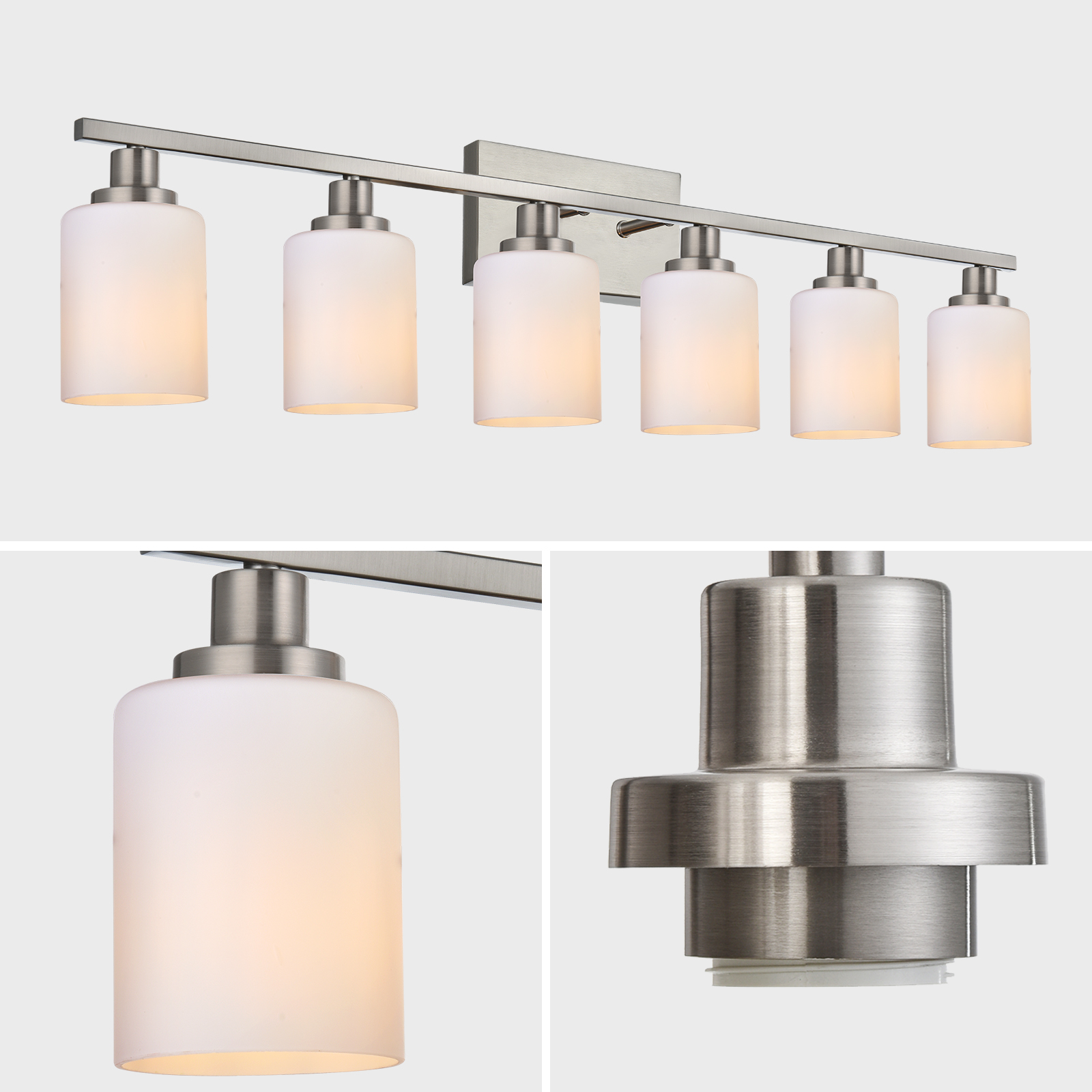 Melucee Modern Bathroom Light Fixtures, 6 Light Vanity Lights, Brushed Nickel Wall Lamp with White Glass for Bathroom
