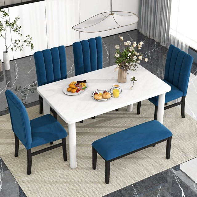 6-Piece Dining Table Set with Marble Veneer Table and 4 Flannelette Upholstered Dining Chairs & Bench My Lux Decor Round