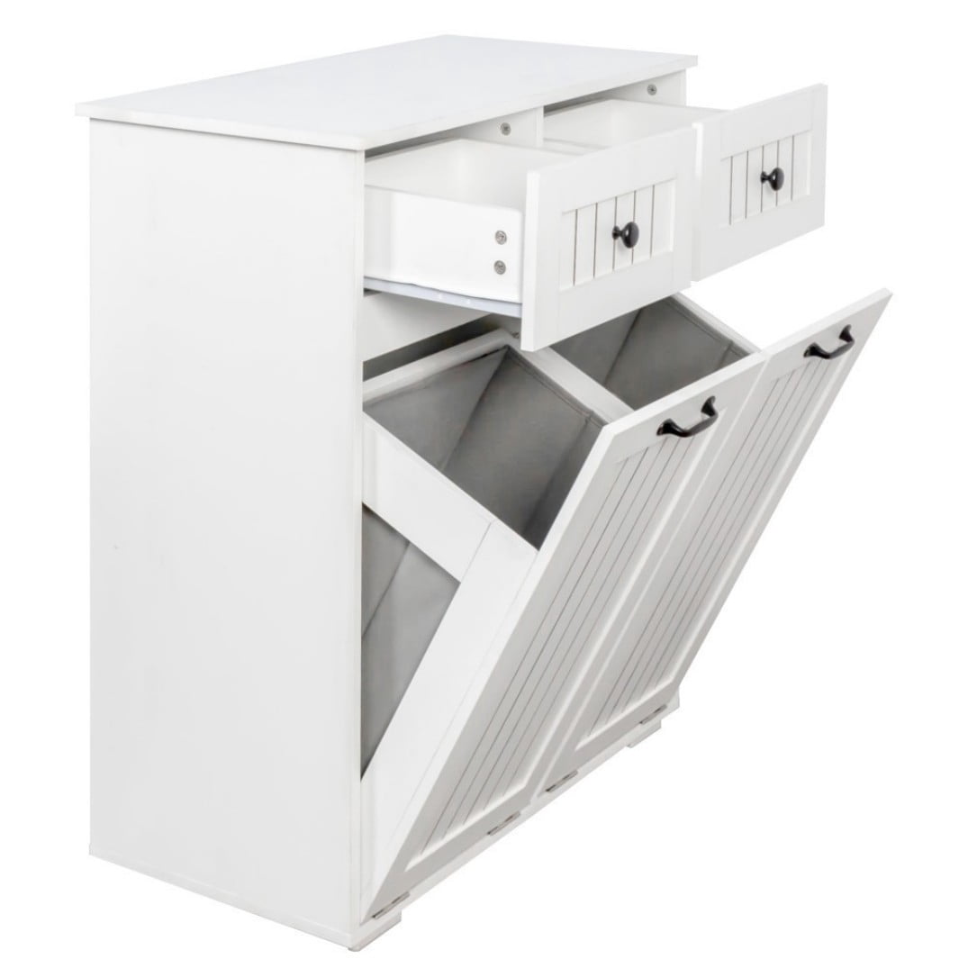 Laundry Cabinet with 2 Removable Baskets and 2 Drawers, Double Laundry Hamper with Sorting Compartments, Freestanding Storage Cabinet Organizer, White