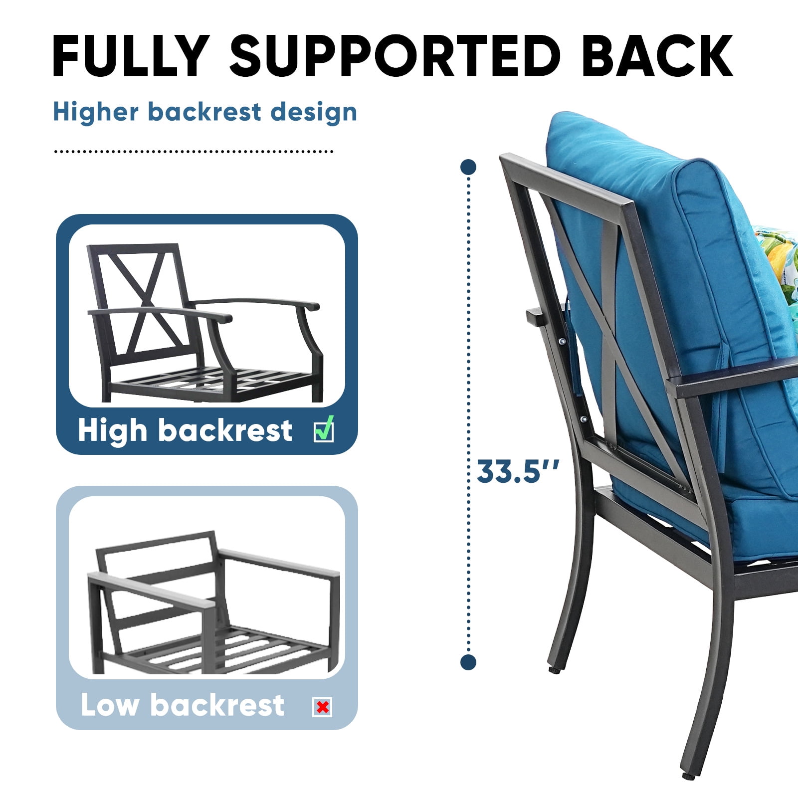 TerraRelax 4 Piece Outdoor Patio Furniture Set, Oversized Metal Conversation Set with High Back & Deep Seating, Water-Repellent Cushions, Coffee Table for Porch, Deck, Backyard, Peacock