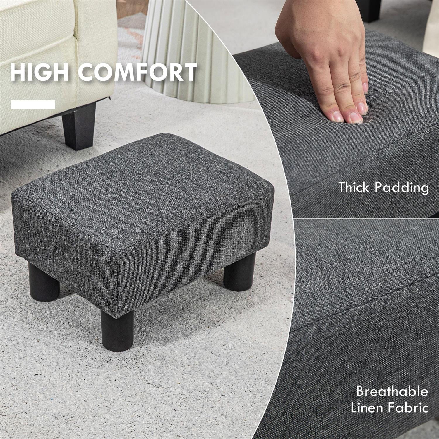 Demi Bonn 15" Small Ottoman Foot Rest, Foot Stool with Linen Fabric Upholstery and Plastic Legs, Cube Ottoman for Living Room, Bedroom, Gray