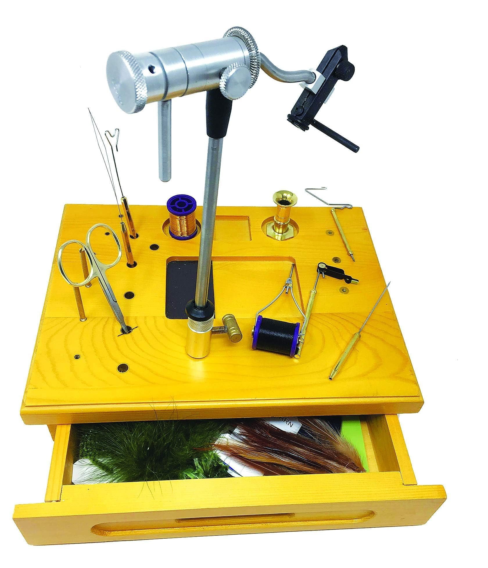 Creative Angler Wooden Fly Tying Station with Rotary Vise, Fly Tying Tools, and Fly Tying Materials