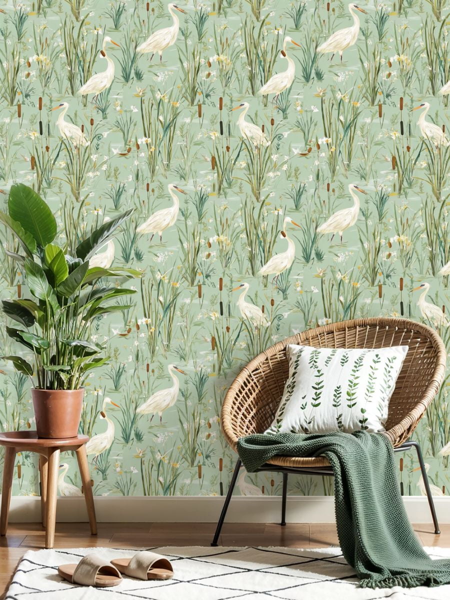 Vintage Peel and Stick Wallpaper Herons Marshland Cattails Wildflowers Green Wall Mural 23.6in x 9.8ft Self Adhesive Removable Wall Paper Renter Friendly Wallpaper for Nursery Bedroom Cabinets