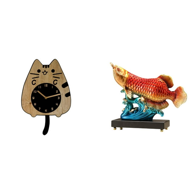 Reloj de pared,Reloj de pared decorativo con forma de gato para sala de estar silenciosa,Reloj de pared de madera,decoración moderna,Estatua de pez,Estatua de pez arowana,decoración Feng Shui