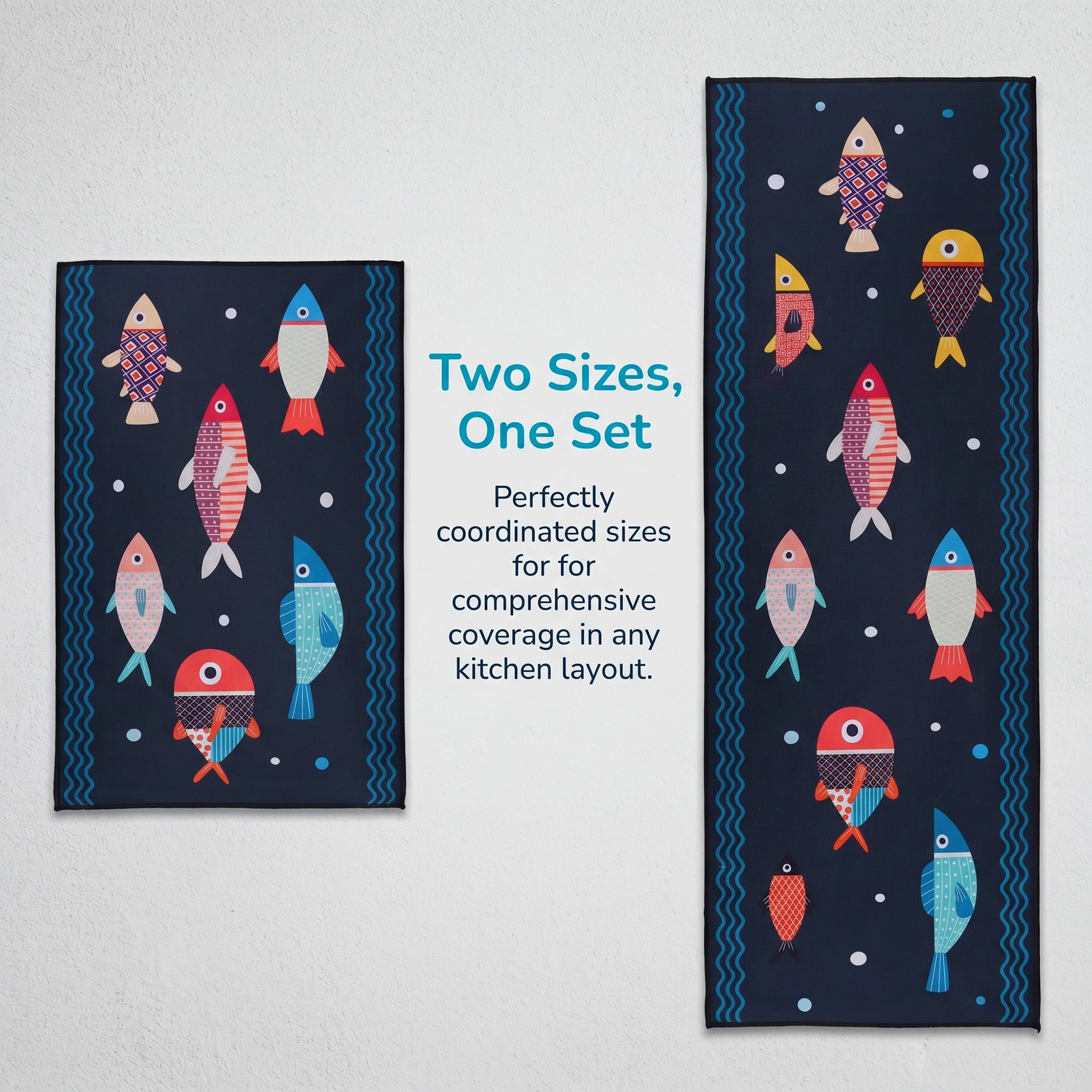 Unique Bargains Non Slip Fish Floral Printed Kitchen Rugs and Mats Blue 23"x15"+47"x15"
