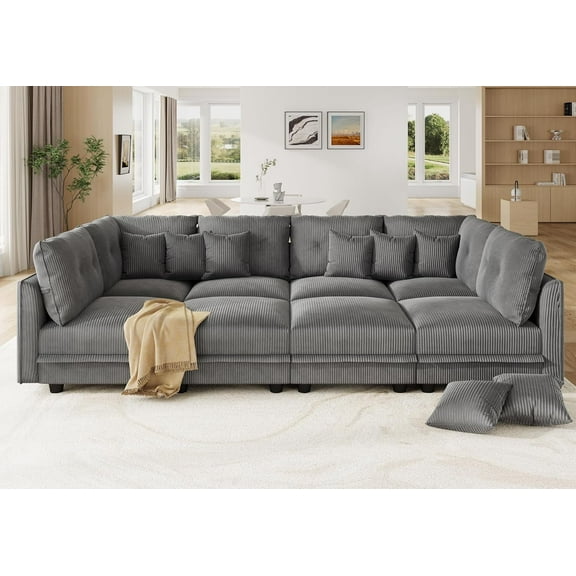 LLappuil Modular Sectional Sofa, 8 Seat Corduroy Sectional Sofa with Storage, 8 Back Cushion 8 Throw Pillow Gray