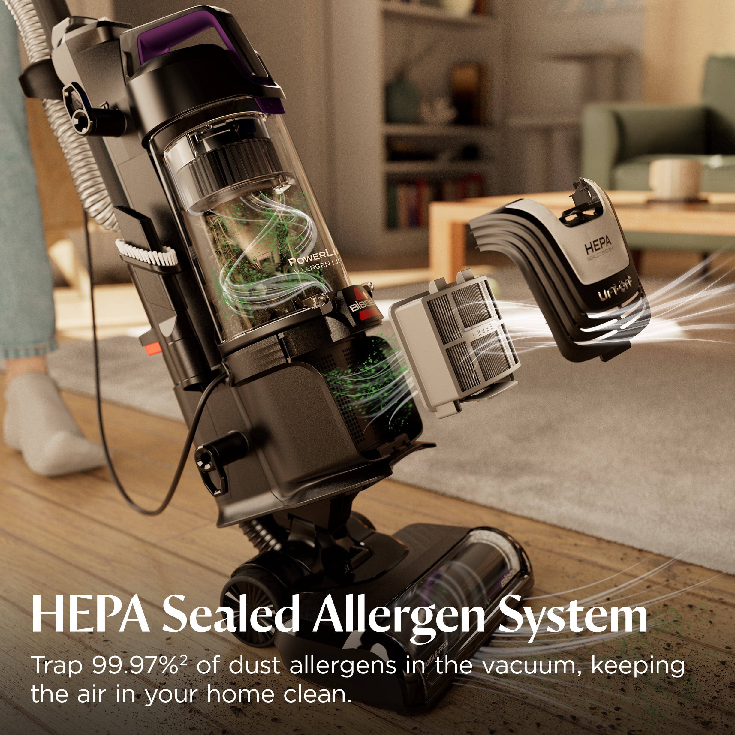 BISSELL PowerLifter Allergen Lift-Off, Bagless, Upright Vacuum, Pet Friendly, HEPA, Powerful Suction, Lift-Off Detachable Pod, Tangle Free Brush Roll, 4082W, Black & Purple