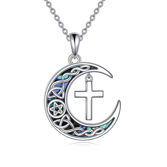 Celtic Knot Moon Necklace Sterling Silver Cross Pendant Abalone Shell Moon Fashion Jewelry Gift for Women