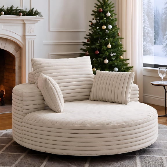 Eyisean 55" W Corduroy Oversized Round Swivel Accent Barrel Chair, 360° Upholstered Chaise Lounge Chair Indoor with Pillow, Comfy Deep Seat Single Sofa Armchair for Living Room, Apartment