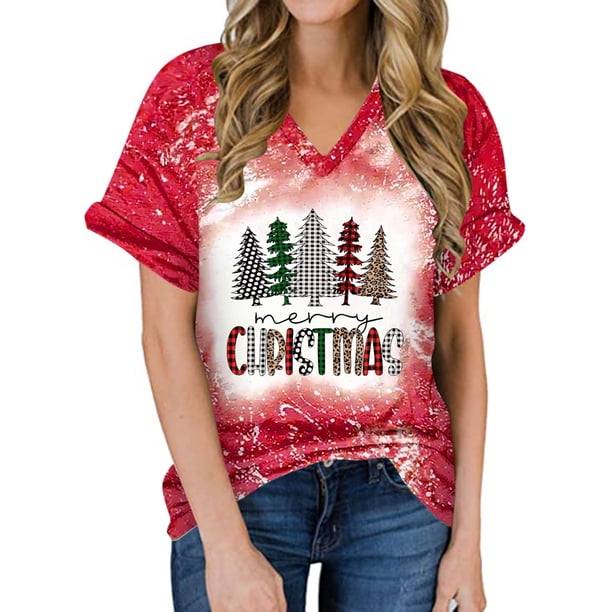Pntutb Mujeres Summerchristmas Funny Letter Impreso Blusa Camisetas Casual Cuello en V Manga corta Camisetas tops Pntutb Pntutb-3920