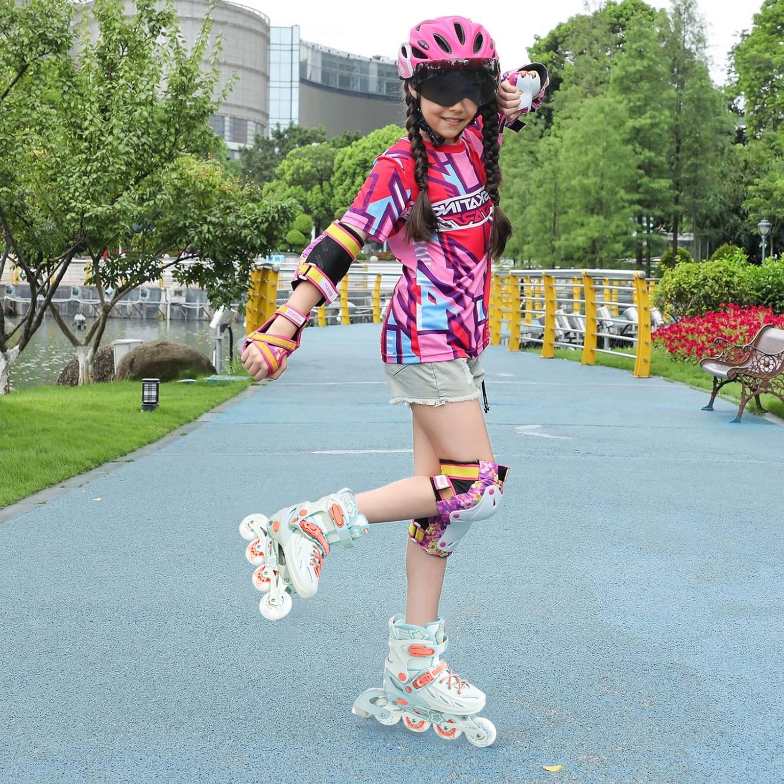 Adjustable Inline Skates with Light up Wheels, Outdoor Roller Skates for Kids Girls Boys Youth Beginners (Medium, Light Blue)