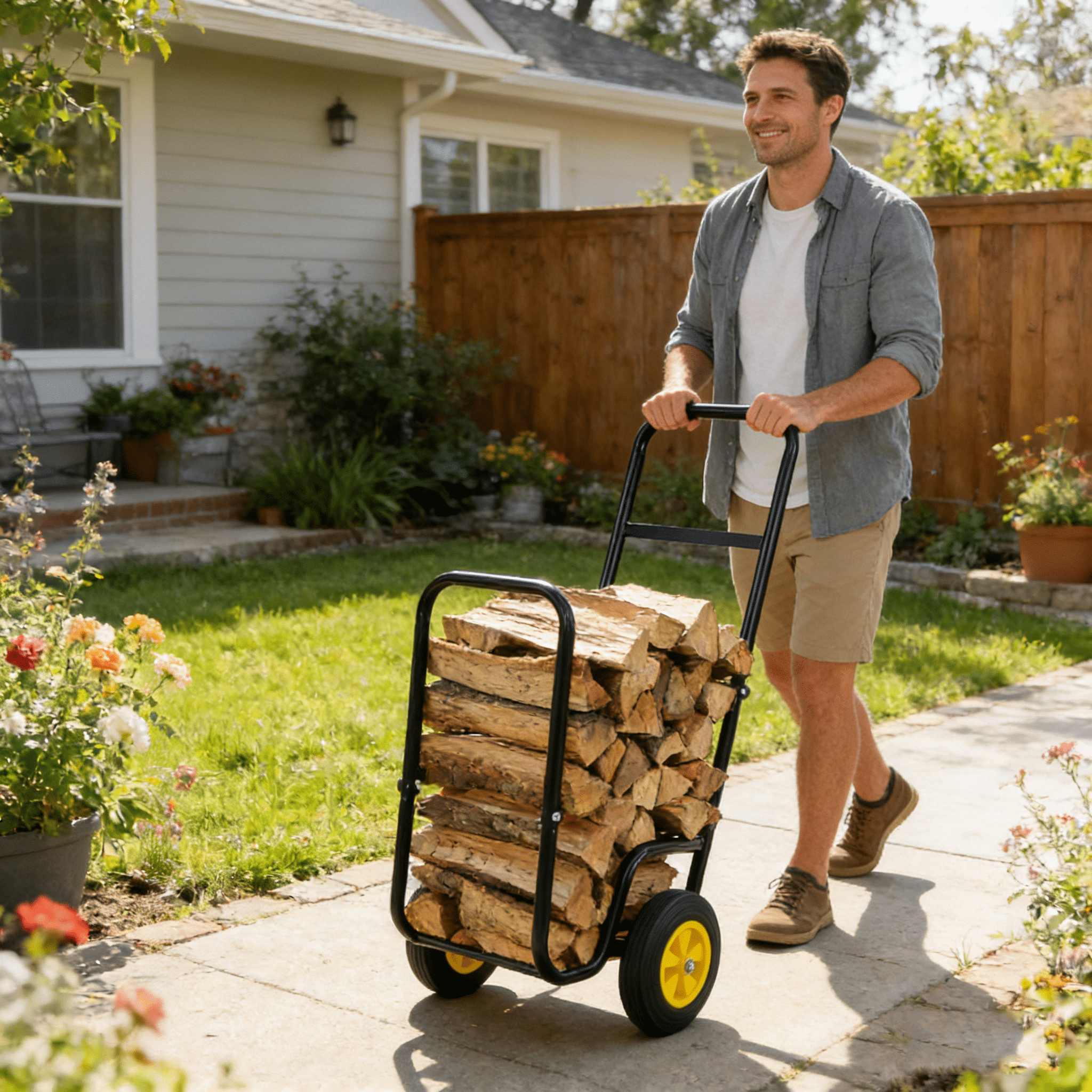 Dolly, Firewood Log Cart Carrier - Outdoor or Indoor Black Steel Wood Rack Storage Mover - Rolling Wheeled Metal Dolly Hauler - Wood Moving Equipment, Black Hand Truck,Iron Furniture Dolly