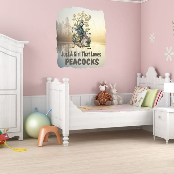 Watercolor Decal Just A Girl That Loves Peacock Living Room Wall Decal for Family Flowering Plant Forest River Background Cute Themed Room Decal - Size: 32 In x 40 In