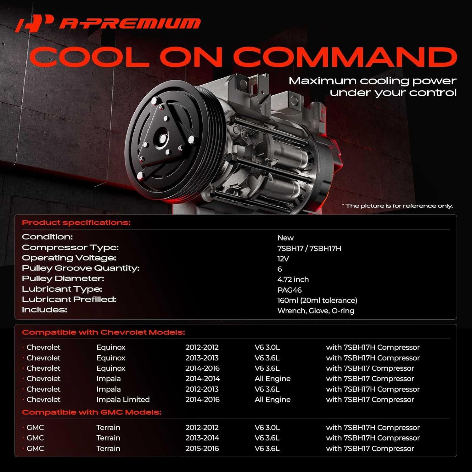 A-Premium AC Compressor with Clutch Compatible with Chevrolet Equinox 2012-2016 Impala 2012-2014 Impala Limited GMC Terrain 2012-2016