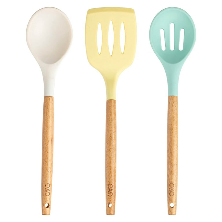 Cook with Color Silicone Cooking Utensils Set, 3 Piece Kitchen Utensils  with Wooden Handles, Yellow & Mint 