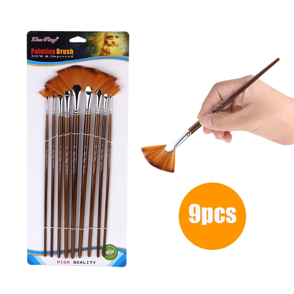 9 PCS Fan Paint Brush Set Soft Nylon Hair Paintbrush for Watercolor Oil