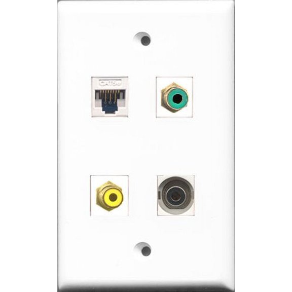 RiteAV 1 Port RCA Yellow and 1 Port RCA Green and 1 Port 3.5mm and 1 Port Cat5e Ethernet White Wall Plate