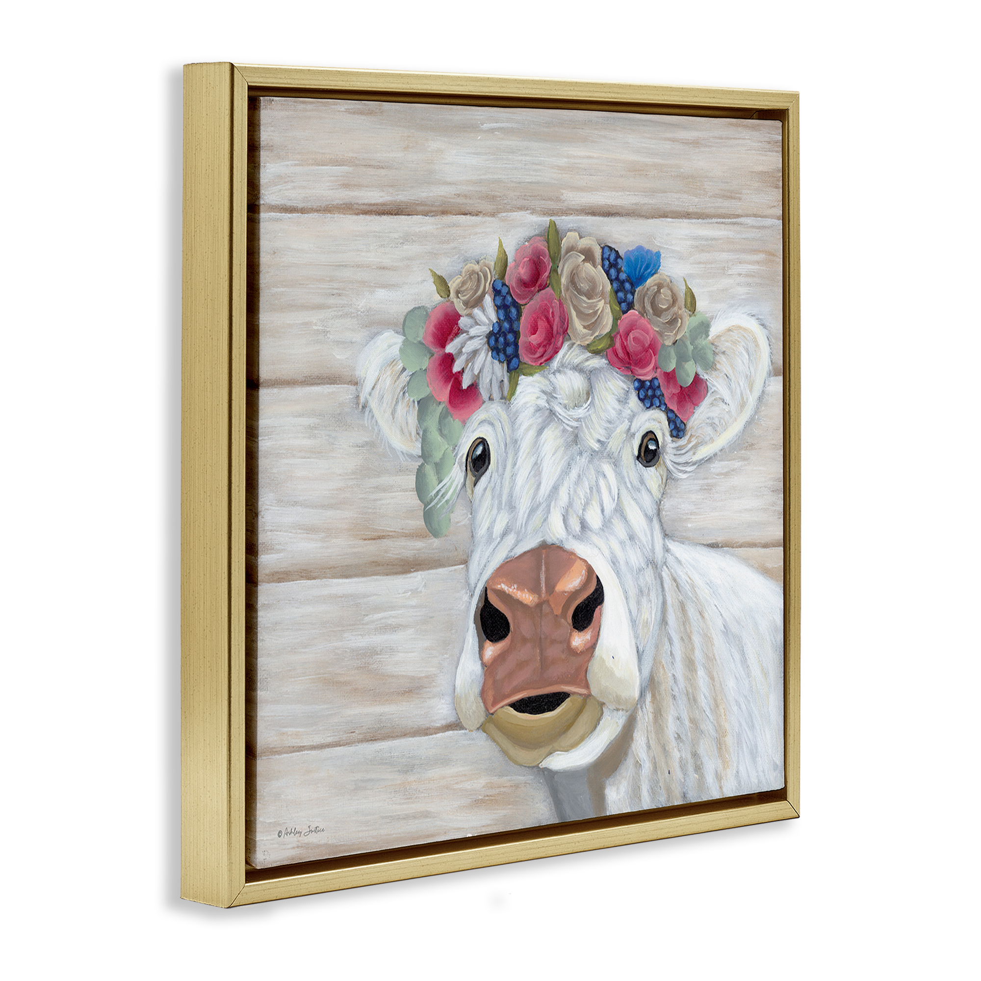 Stupell Industries Rustic Cow Flower Crown Animals & Insects Painting Gold Floater Framed Canvas Art Print Wall Art, 18 x 18