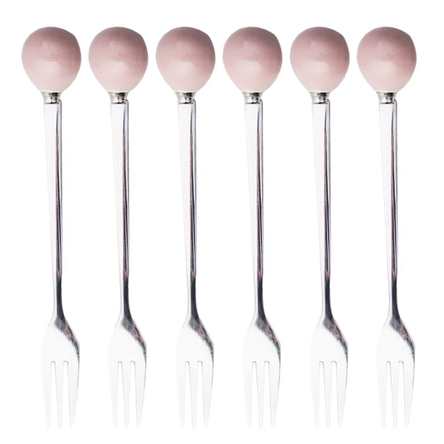 6pcs Ceramic Handle Mini Stainless Steel Fork Flatware Tableware for Cake Coffee Dessert (Pink Fork)