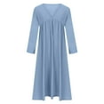 thumbnail image 4 of Kaemgyyd Women's Cotton Linen Dress 3/4 Sleeve V Neck Casual Pleated Dress Loose Beach Dress with Pockets Fall, 4 of 5
