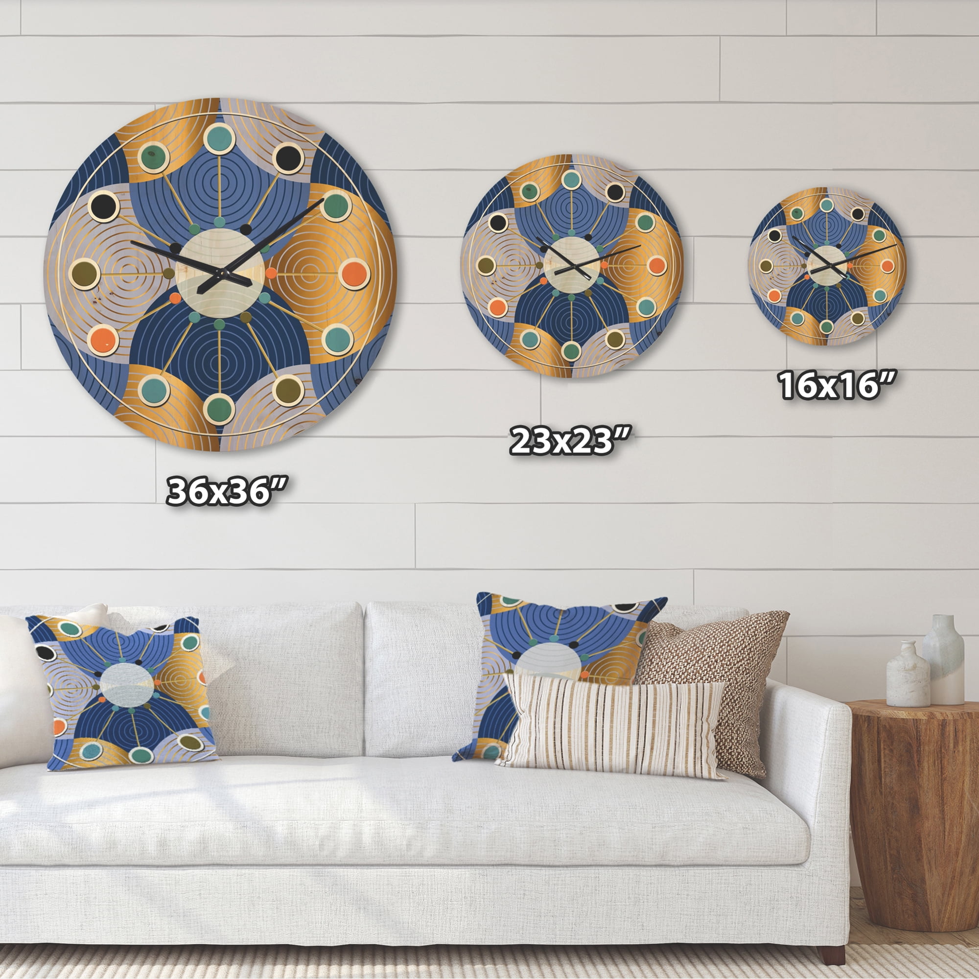 Designart 'Retro Luxury Waves In Blue and Gold X' Mid-Century Modern Wood Wall Clock