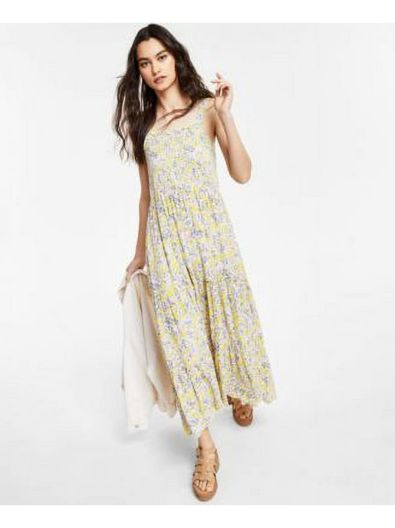 akira black and white dress Yellow Tropical Floral Strapless Maxi Dress