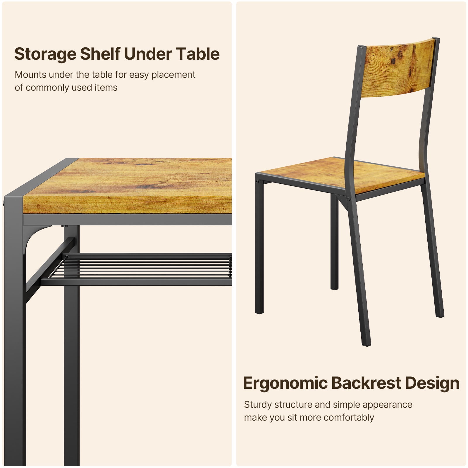 Dining Table Set for 2,Lofka 3 Piece Small Kitchen set,Breakfast Table with Storage & 2 Chairs for Small Spaces,Dorms,Coffee Bar Corner,Retro Brown