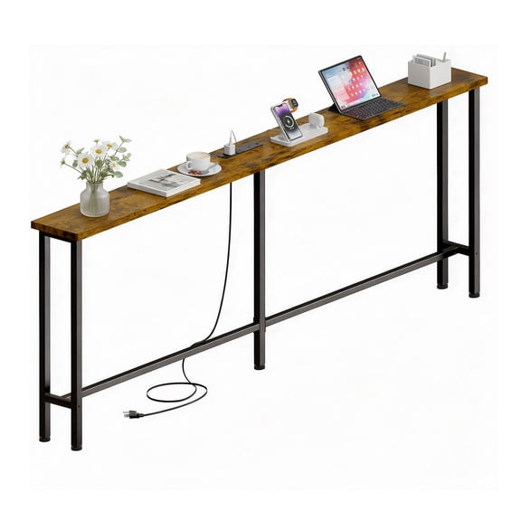 Keelian 70" Narrow Behind Couch Table with Built‑in Power Strip, Long Sofa Table with Charging Station, Metal Frame, Long Couch Table Behind Sofa, Living Room and Home Office, Rustic Brown