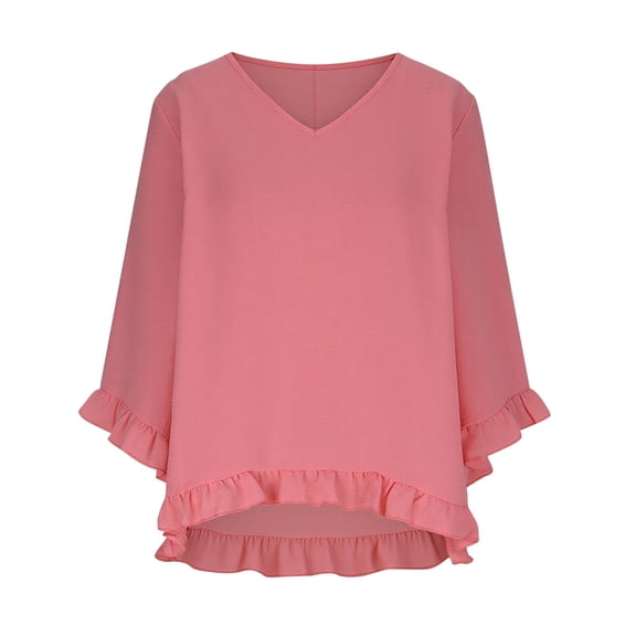 Vmvidoty Women Blouses V Neck Summer Short Sleeve Shirts Pleated Loose Tunic Tops Pink S