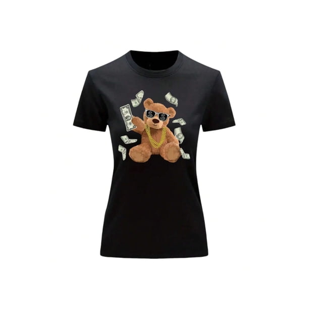 Playera Blusa de Oso Millonario con Dólares Dinero Ropa De Mujer Color Negro Talla Mediana Marca Emil SaEs