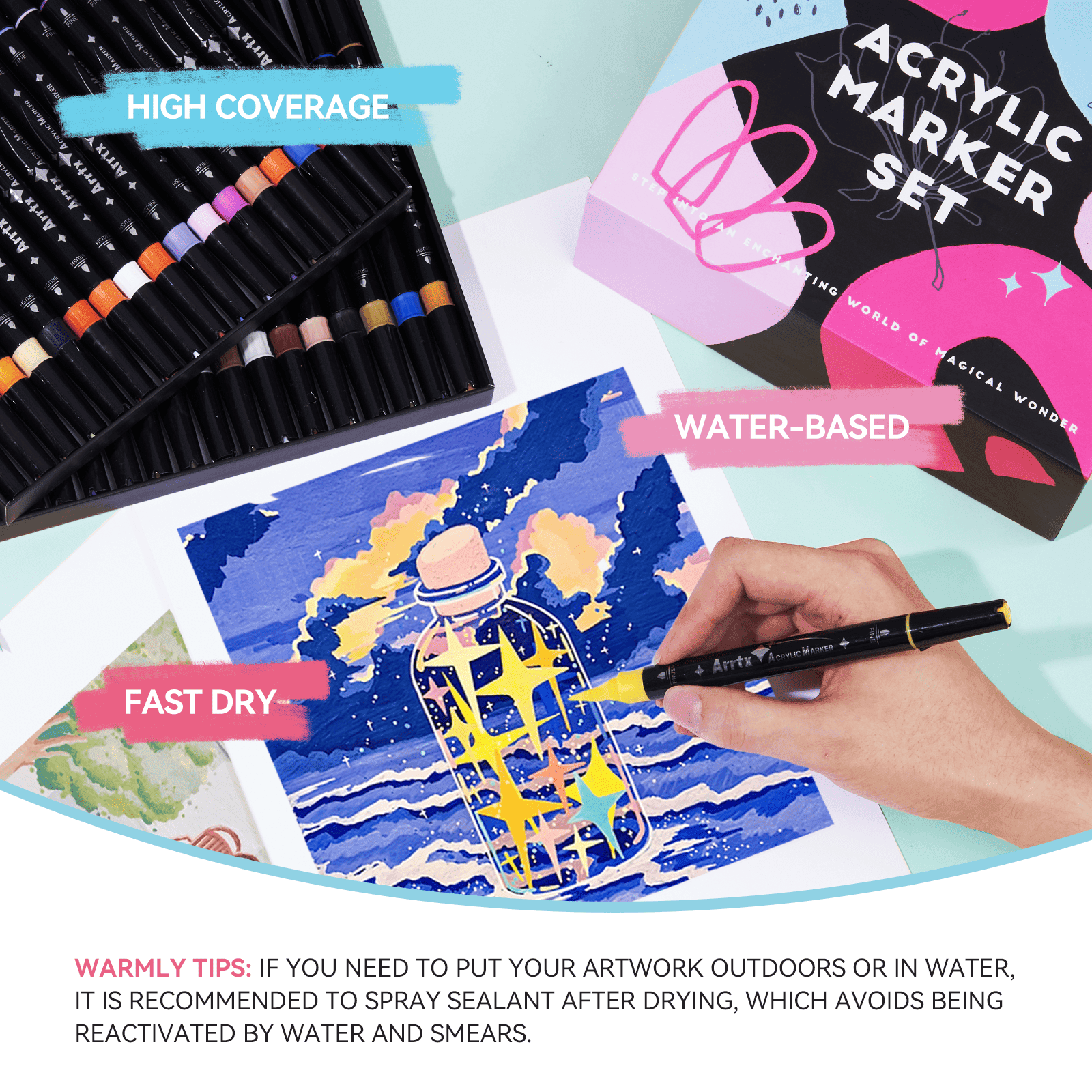 Arrtx Acrylic Paint Pens, 64 Colors Fine Tip and Brush Tip Markers, Water-based Acrylic Paint Markers for Rock Painting, Ceramic, Glass, Wood, Fabric, Canvas, DIY Craft, Art Supplies