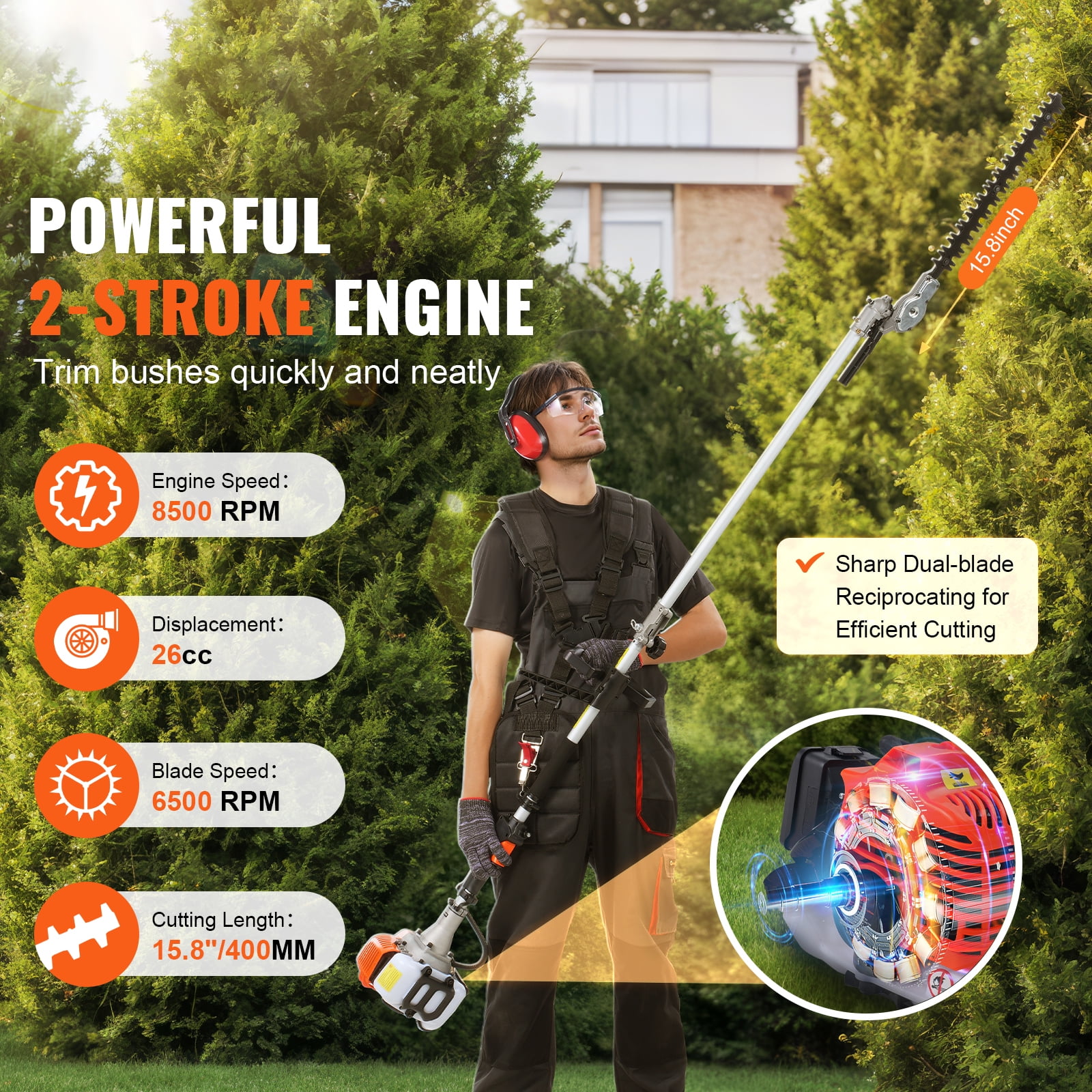 KFFKFF 26cc 2 Cycle Gas Hedge Trimmer, Grass Shear with Double Sided Blade, 270° Adjustable Cutter Head, Weed Eater for Pruning Shrubs, Bushes