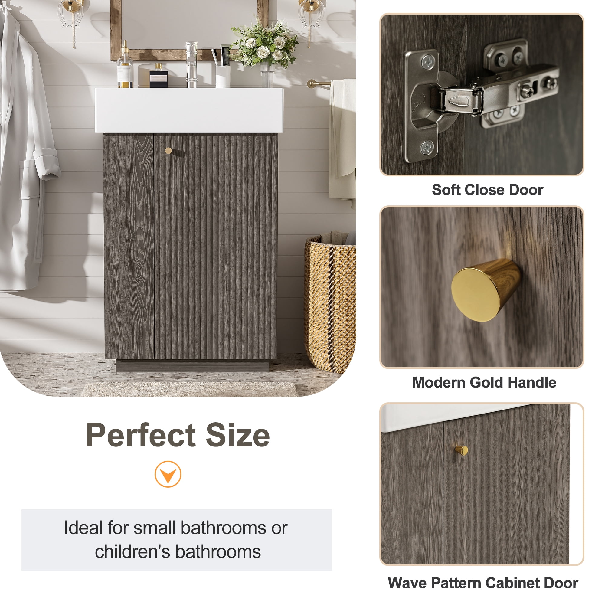MODERNLUXE 21.6 Inch Bathroom Vanity with Ceramic Sink, Undermount Vanity Sink Cabinet with Soft Closing Door,Free Standing Bathroom Storage Cabinet with Right Door Open for Small Space,Dark Grey