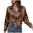 thumbnail image 1 of Blusa de satén de seda con botones para mujer - Camisa de oficina holgada de manga larga y cuello en V - Diseño con largo delantero/trasero - Para todas las estaciones, 1 of 6