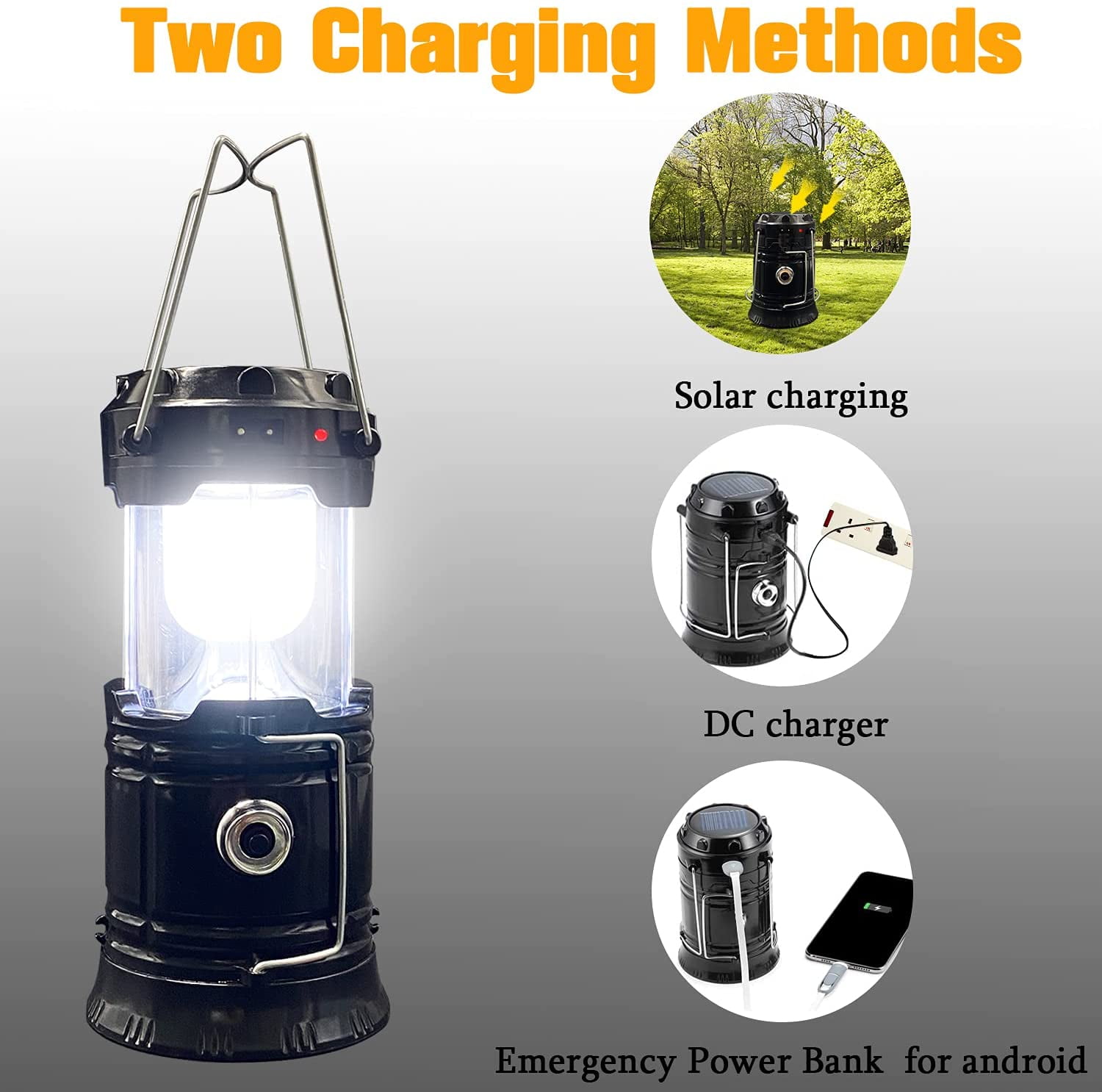 Collapsible Portable LED Camping Lantern Lightweight Waterproof Solar USB Rechargeable LED Flashlight Survival Kits 2-Pack