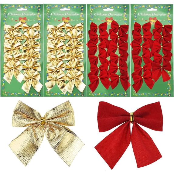 Happon Mini Bows for Christmas Tree, Crafts, Ornaments, Garland - 48 Pcs Indoor Outdoor Xmas New Year Decoration Bows (Red + Gold)