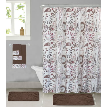 4-Piece Shower Curtain Set with Rugs, Toilet Lid Cover Bath Mat 