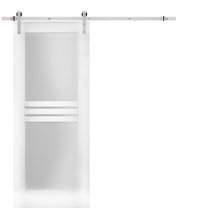 Modern Barn Door 32 x 96 inches Opaque Glass 4 Lites / Mela 7222 White Silk / Stainless Steel 6.6FT Rail Track Set / Solid Panel Interior Doors