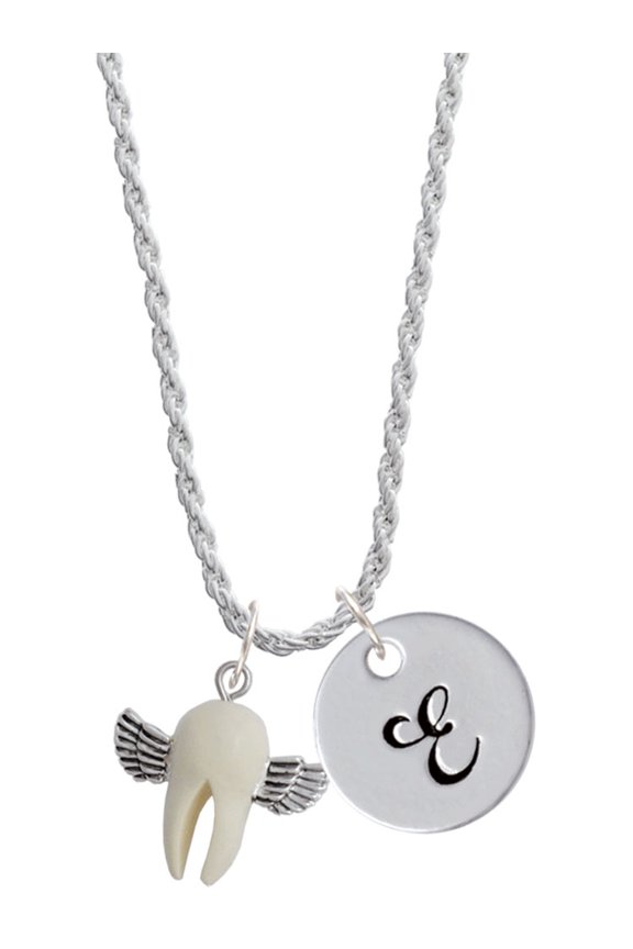 White Tooth with Wings - Tooth Fairy Silvertone Script Initial Disc - E - Charm Necklace, 20"+3"