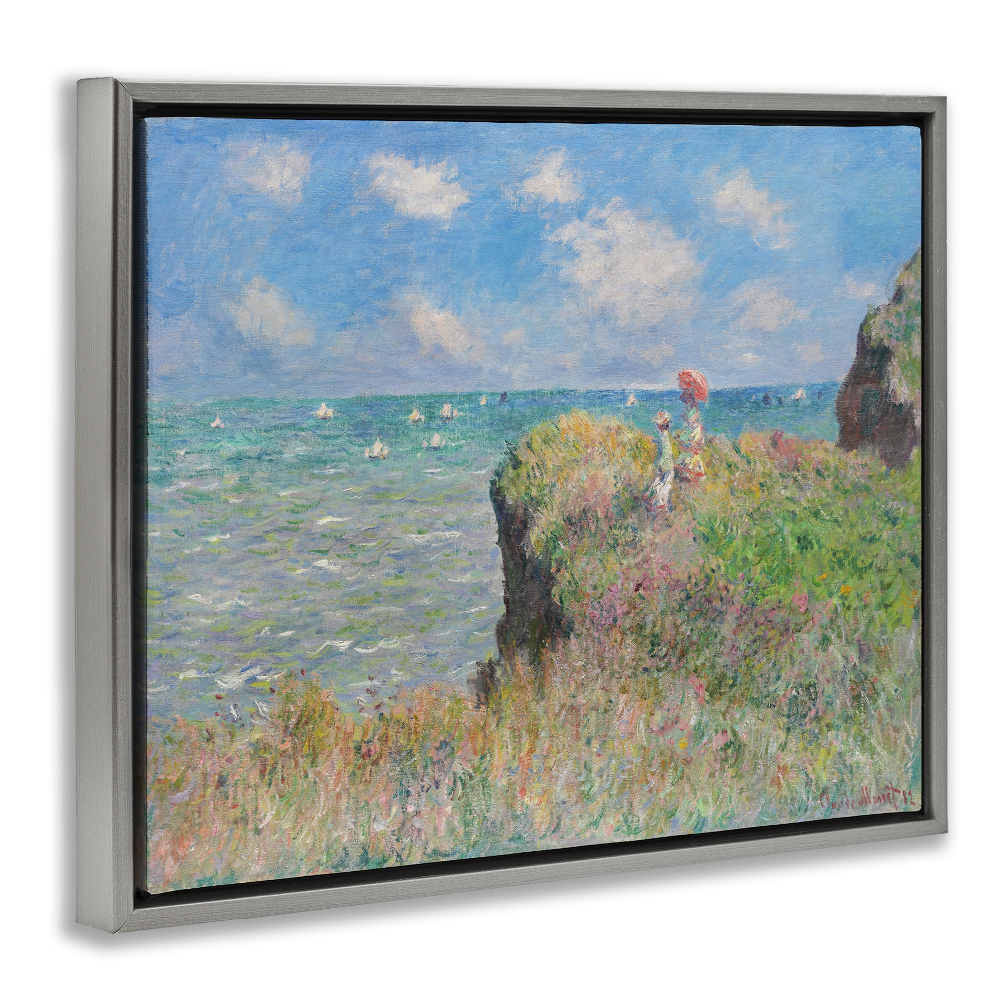 Stupell Industries Classic Monet Cliff Walk Landscape & Nature Painting Gray Floater Framed Canvas Art Print Wall Art, 31 x 25