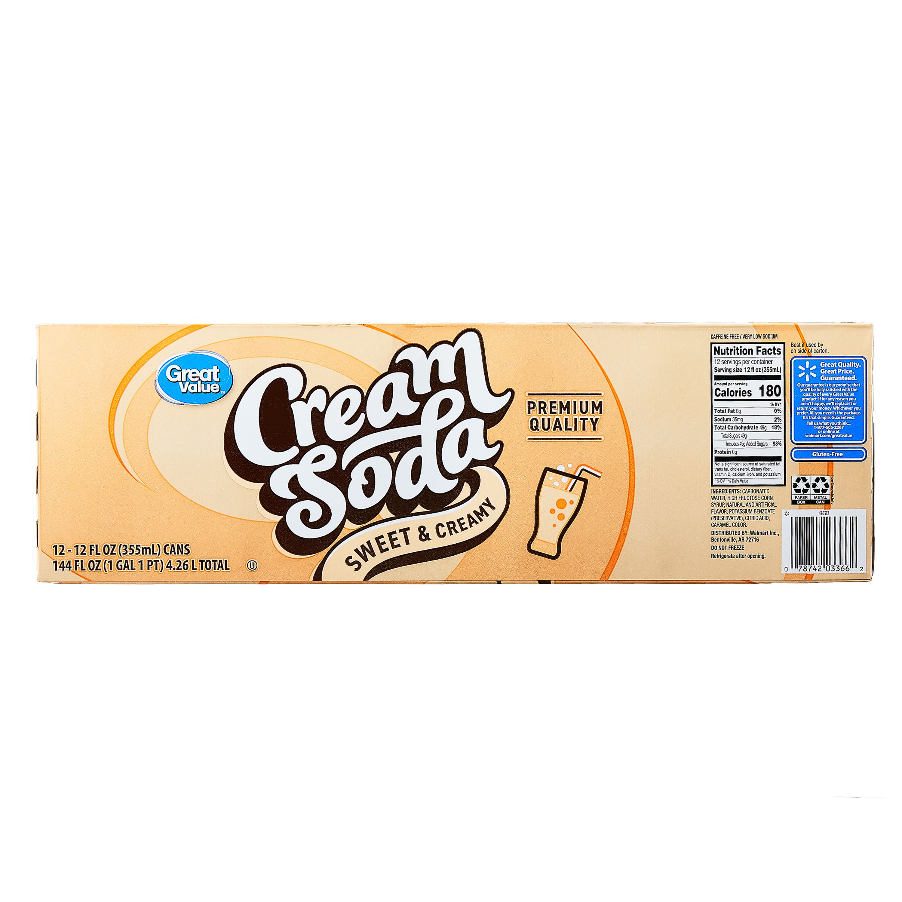 Great Value Cream Soda Pop, 12 fl oz, 12 Pack Cans