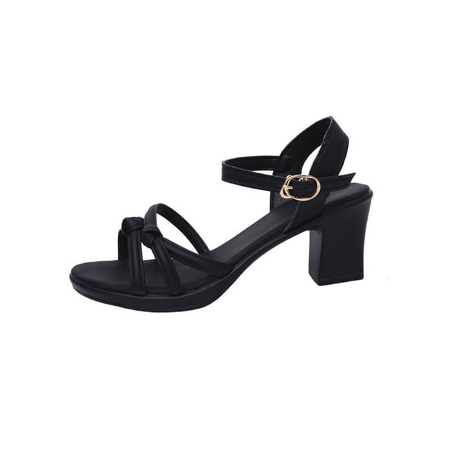 Black Women'S Sandals With Solid Color Breathable Round Toe Open Toe One-Line Buckle Square Thick Heel High Heel For Spring And Summer Casual Outfits Comfortable Pu Construction