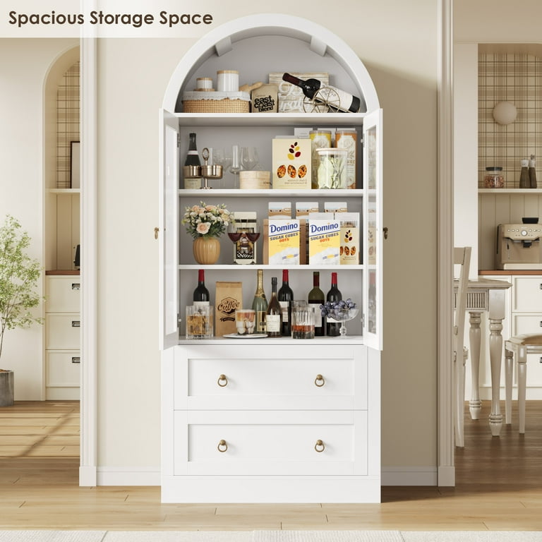 FINETONES 70" Arched Pantry Cabinet With Glass Doors & 2 Drawers - Farmhouse Kitchen Storage Hutch, White