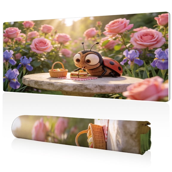 LIVEKEY XXL Mouse Pad 80x40x0.3cm Ladybug Picnic on Stone Table Floral Scene Non Slip Full Desk Coverage Durable Easy Clean Stitched Edges for Gaming and Office