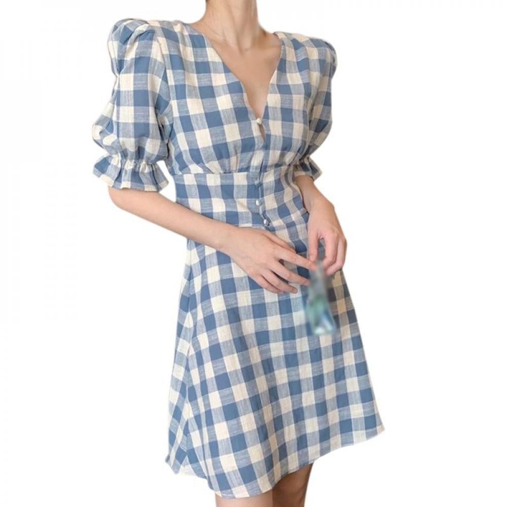 Women Bodycon Dress New Summer Long Plaid Puff Sleeve Harajuku Style Dress V Neck Retro Port Style Slim Thin Party Vestido Blue XL