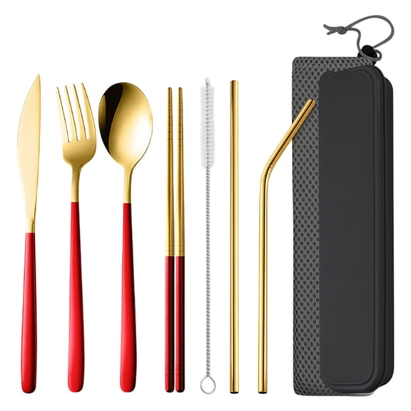 Bxaolu 7 Pieces Stainless Steel Flatware Set Portable Reusable Cutlery Set Travel Utensils Set Including: Chopsticks Knife Fork Spoon Straws Cleaning Brush Dishwasher Safe (Red)