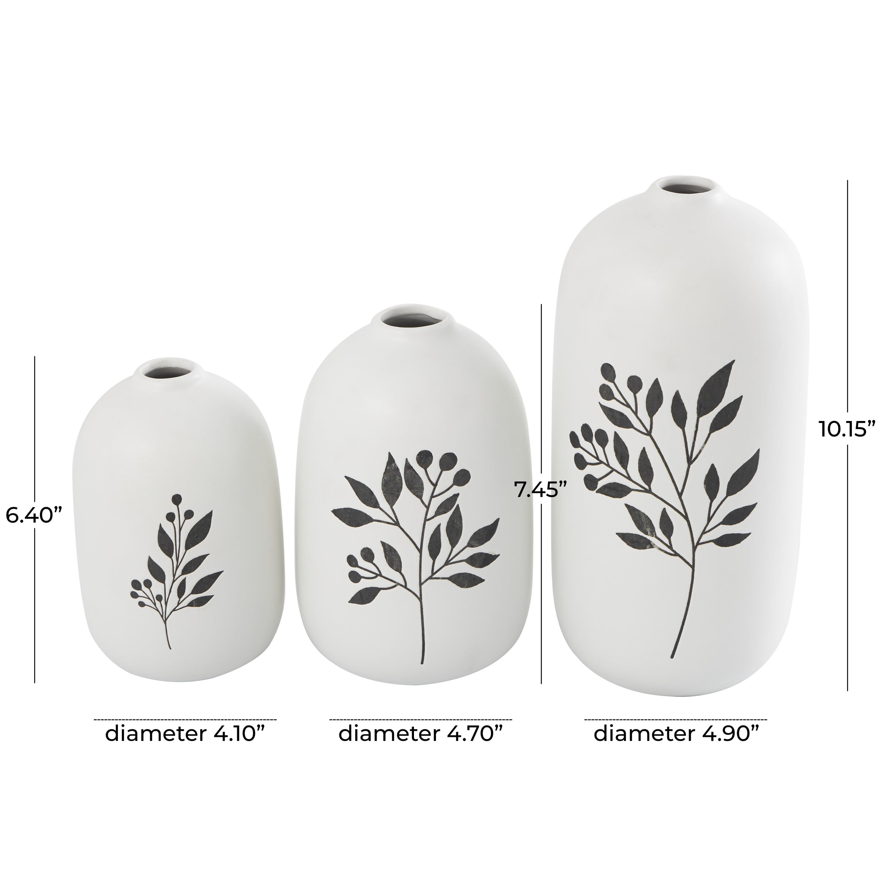 DecMode 10", 7", 6"H White Ceramic Vase with Black Leaf and Berry Prints, Set of 3