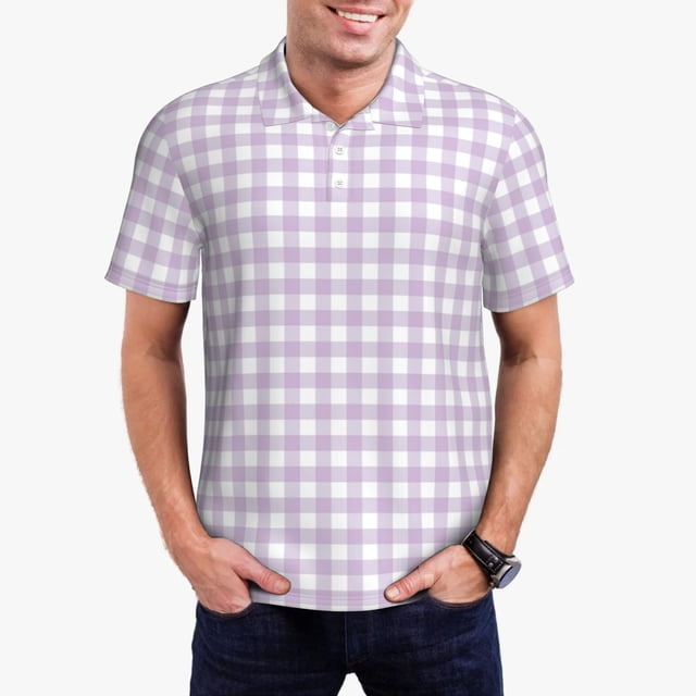 Balery Purple Checkboard Camisa Polo de Hombre con Estampado, de Manga Corta y Tejido Medio, Camisa Tipo Golf Polo-Large