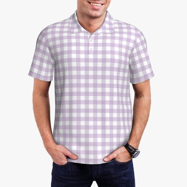 Balery Purple Checkboard Camisa Polo de Hombre con Estampado, de Manga Corta y Tejido Medio, Camisa Tipo Golf Polo-Large