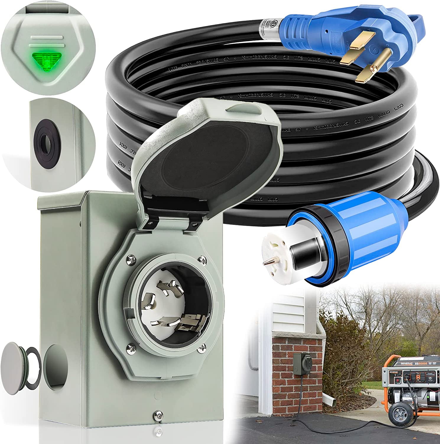50 Amp Generator Cord and Power Inlet Box, 25FT Generator Cords 50 Amp